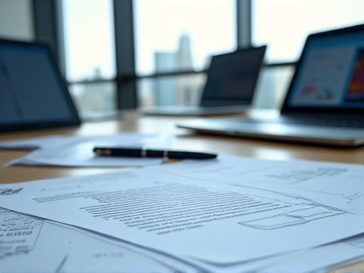 Documentos corporativos y un portátil sobre una moderna mesa de despacho simbolizando el derecho corporativo