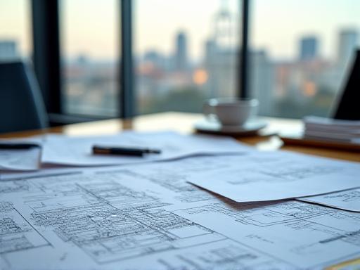 Planos arquitectónicos detallados y contratos inmobiliarios en una mesa, con el fondo de Madrid